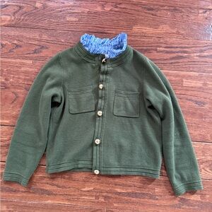 Green Cardigan with Blue Ruffle Collar